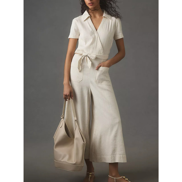 NEW Maeve Anthropologie The Colette Wrap Jumpsuit Striped Linen Womens 0 - Picture 1 of 11